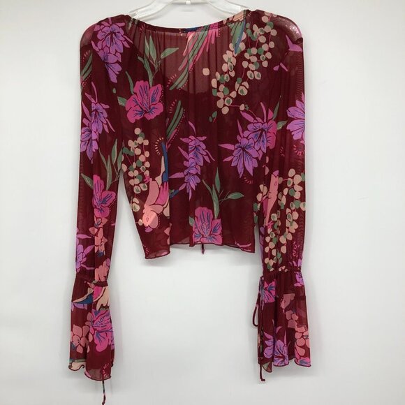 Free People Red Floral Piece Of Paradise Blouse Bell Sleeve Tie Front Crop Top S - Picture 4 of 16